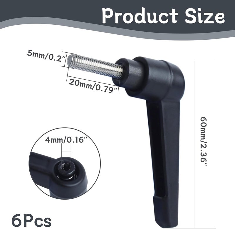 Begino Clamping Lever Handles with Quick Release Push Button Locking, 304 Stainless Steel M5 x 20mm Stud - Black (6 Pack) - Image 2